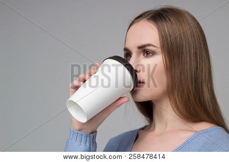 Girl Close-up Drinking Coffee From Paper Plastic Glass