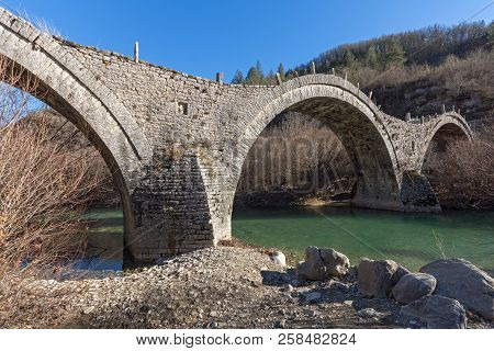 Landscape Of Ancient Bridge Of Missios In Vikos Gorge And Pindus Mountains, Zagori, Epirus, Greece