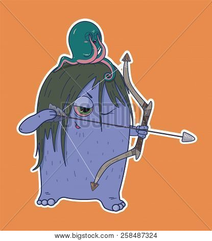 Vector Illustration Of A Sticker In It Depicts An Imaginary Being With An Octopus On His Head And A 