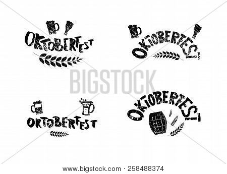 Set Of Oktoberfest Lettering Compositions. Handwritten Grunge Textured Text With Holiday Decotration