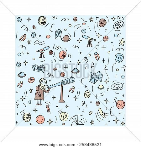 Vector Design Of Astronomer And Astronomic Objects.