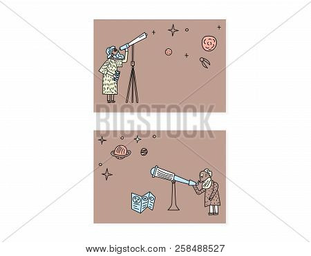 Vector Design Of Astronomer And Astronomic Objects Cards.