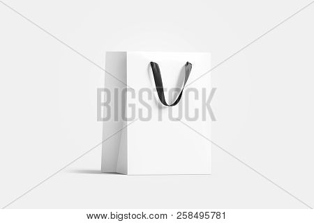 Blank White Paper Gift Bag With Black Silk Handle Mockup, Isolated, 3d Rendering. Blank Plastic Pack