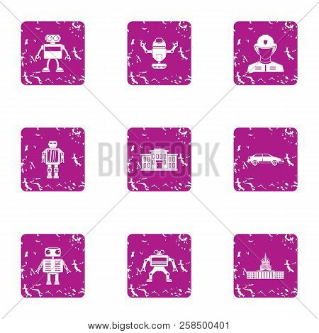 Droid Icons Set. Grunge Set Of 9 Droid Vector Icons For Web Isolated On White Background
