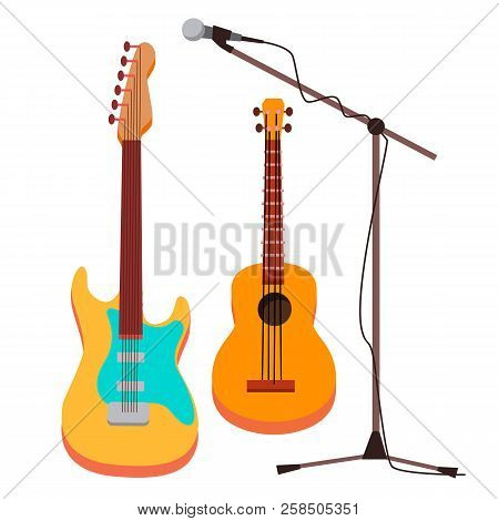 Guitar Vector. Electric, Classic. Microphone With Stand. String Musical Instrument. Isolated Cartoon