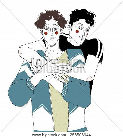 Drawing Of Young Smiling Man Standing Beside Other One And Embracing Him. Portrait Of Happy Male Fri