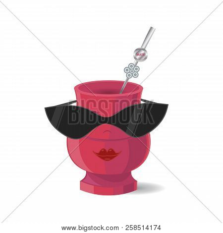 Vector Sticker Of Mate In Black Glasses. Cartoon Illustration Of Hot Beverage In Sunglasses. Emoji F