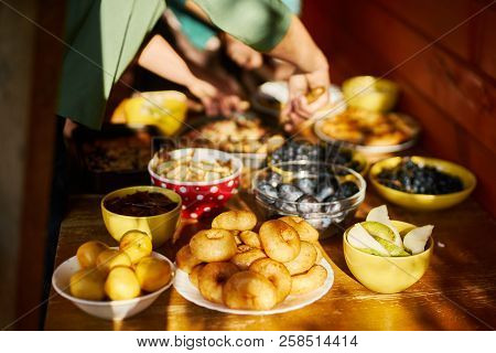 Autumn Fall Table With Food Pie Fruit Yellow
