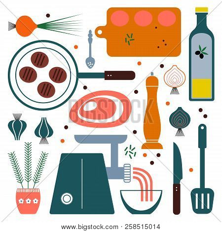 Vector Retro Set Kitchen Utensils. Cooking Tools Flat Style. Cook Equipment Isolated Objects.