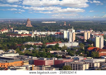 Leipzig City In Germany (state Of Sachsen). Cityscape With Marienbrunn District And Monument To The 