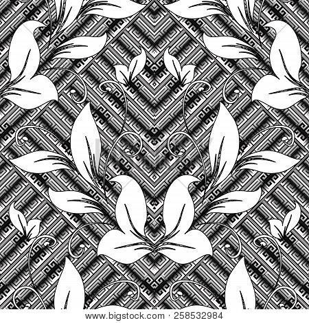 Vintage Floral Greek Key Meanders Vector Seamless Pattern. Ornam