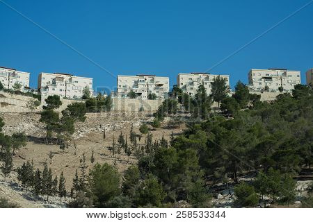 Close Up Of Jerusalem Apartments Shot Between The Trees From The Road Level