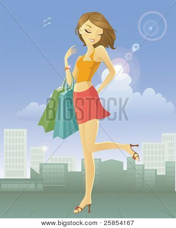 Heureuse jeune femme après le shopping dans la ville