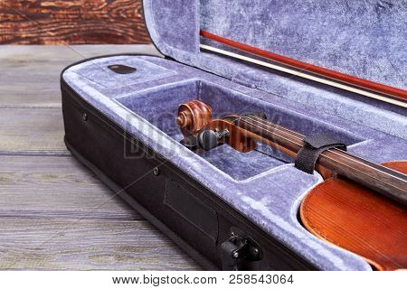 Classical Used Violin In Case Close Up. Part Of Violin In Original Velvet Case. Instrument Of Orches