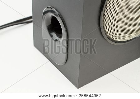 Close Up Stereo Box With Round Speaker. Black Powerful Loud Speaker On White Background, Cropped Ima