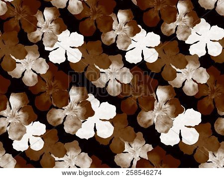 Hawaiian Watercolor Pattern. Brown Sienna Floral Tropical Seamless Print. Hibiscus And Oleander In H