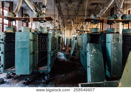 Abandoned Flour Milling Factory. Old Rusty Grain Cleaning Air Separation Machines.