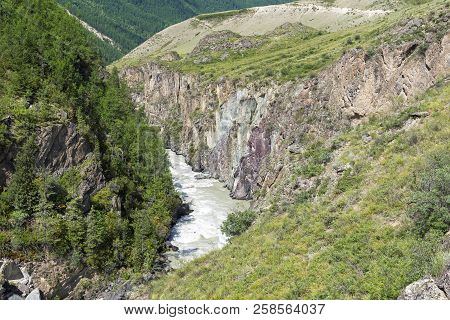 The Chuya River In A Narrow Canyon.  End Of The Mazhoy Cascade. August. Surroundings Of The Village 