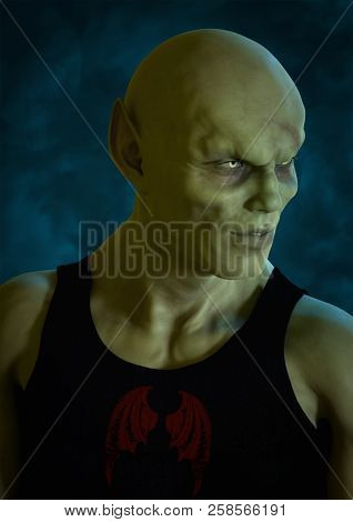 Portrait Of Bald Vampire With A Black T-shirt. 3d Illustration.