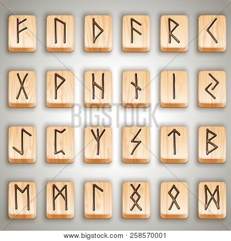 Vector Illustration - Set Of Norse Scandinavian Wooden Runes, Runic Alphabet, Futhark