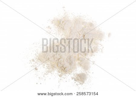 Pile Of Wheat Flour Isolated On White Background. Top View. Flat Lay