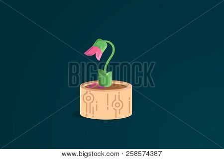The End. Pink Wilted Flower In A Pot. Flat Vector Illustration.