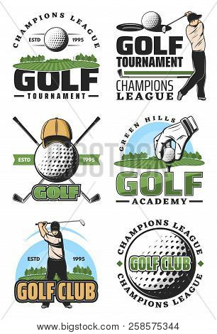 Golf Tournament And Champion League Retro Icons, Sport Club Design. Golfer With Ball And Club, Green