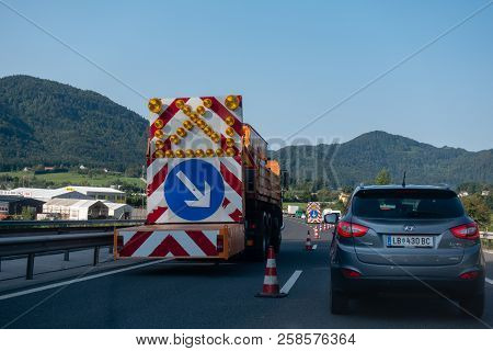 Highway A1, Near Vransko, Slovenia - 29 August 2018 - Roadbloack On Highway Diverting Cars Off Highw