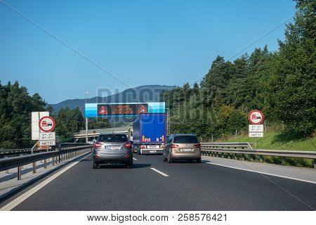 Highway A1, Near Vransko, Slovenia - 29 August 2018 - Trafiic Jam On Highway A1 Due Car Accident, Di