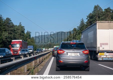 Highway A1, Near Vransko, Slovenia - 29 August 2018 - Cars Standing Still In Lines On Highway, A Car