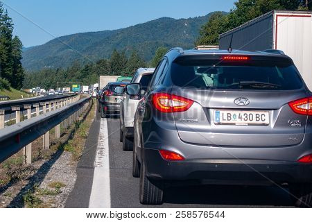 Highway A1, Near Vransko, Slovenia - 29 August 2018 - Cars Standing Still In Lines On Highway, A Car