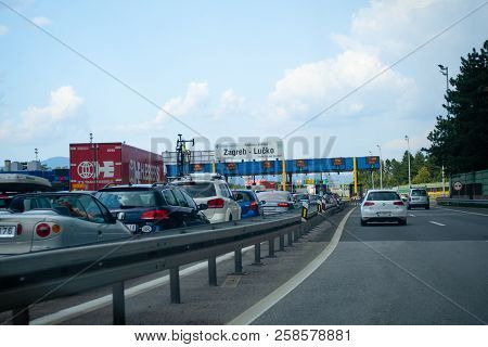 Zagreb, Croatia - July 9 2018: Heavy Trafiic With Congestions At Toll Gate Lucko In Zagreb, Croatia 
