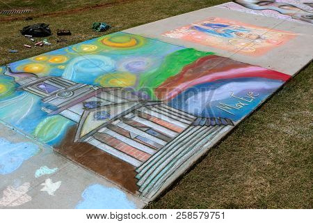 Lawrenceville, Ga - April 2018:  Chalk Art Covers A Sidewalk At A Public Park At The Lawrenceville A