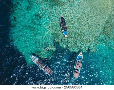 Tour Boats At The In Ocean On Menjangan Island. Aerial View.