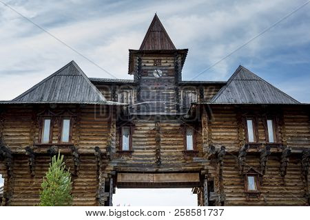 A Close-up Of The Wooden Fortress Abalak Built Of Logs