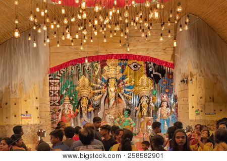 Kolkata , India - September 26, 2017 : Goddess Durga Idol Inside Decorated Durga Puja Pandal, Shot A