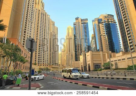 Dubai, Uae - May 08, 2018: A View Of Street At Jumeirah Beach Residence And Dubai Marina Timelapse H