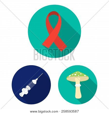 Drug Addiction And Attributes Flat Icons In Set Collection For Design. Addict And Drug Vector Symbol