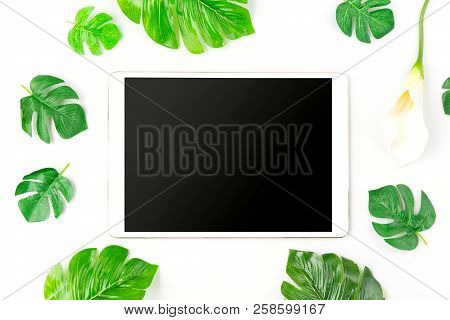 Vintage Tablet Mockup Flat Lay On Old Table Top Wood Background Texture Space Concept Workspace Offi