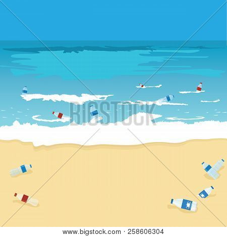 Plastic Bottle Pollution Of Ocean, Sea Or Beach. Bottles, Plastic Bags And Debris On The Seabed And 