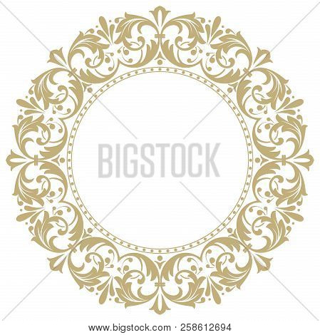 Vintage Round Frame In Retro Style, Barroco. Flower Decorative Gold Ornament, Element For Greeting C