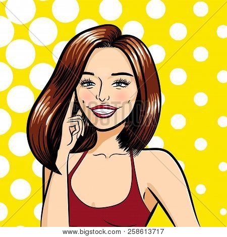 A Beautiful Smiling Woman. Vector Isolated Illustration On A Yellow Dotted Background.