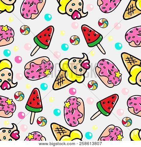 Vector Seamless Pattern With Doughnuts, Ice-creams And Sweets.