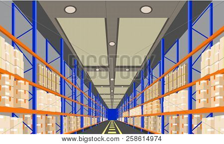 Warehouse Interior With Boxes On Rack Perspective Front Viewpoint. Vector With Flat And Solid Color 