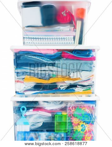Things Packed Plastic Container Boxes Tower Moving House Concept Isilated White Background Order Sto
