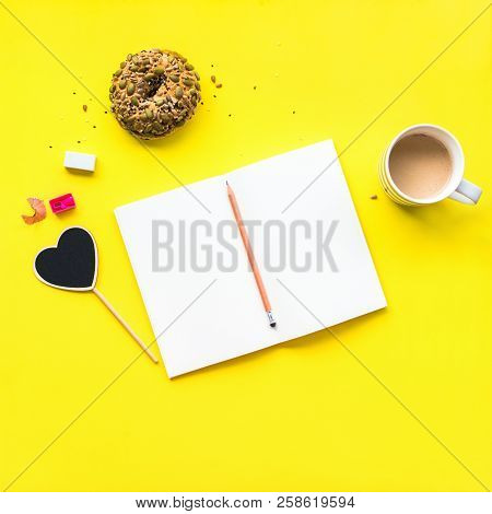 Notebook Open Pencil Chalkboard Heart Frame Your Text Coffee Cup Drink Fresh Bun Donut Cereals Sesam