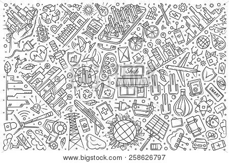 Hand Drawn Smart City Set Doodle Vector Background