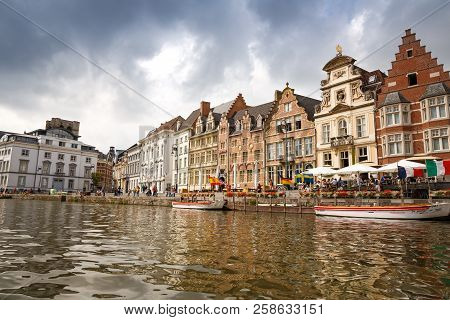 Ghent, Belgium - August 14, 2015 - Old Colorful Traditional Houses At The Korenlei Along The Canal.