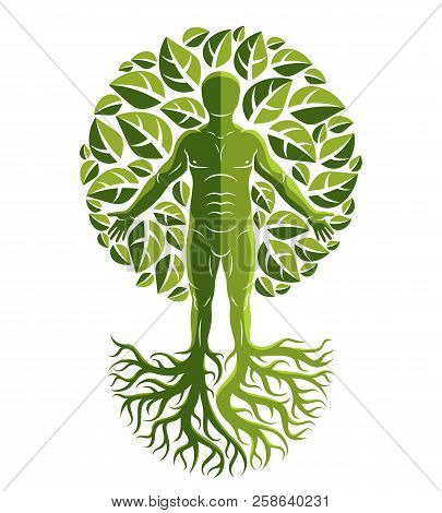 Vector Illustration Of Human, Athlete Made As Continuation Of Tree With Strong Roots And Surrounded 