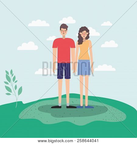 Young Couple Walking On The Park Airview Scene Vector Illustration Design
